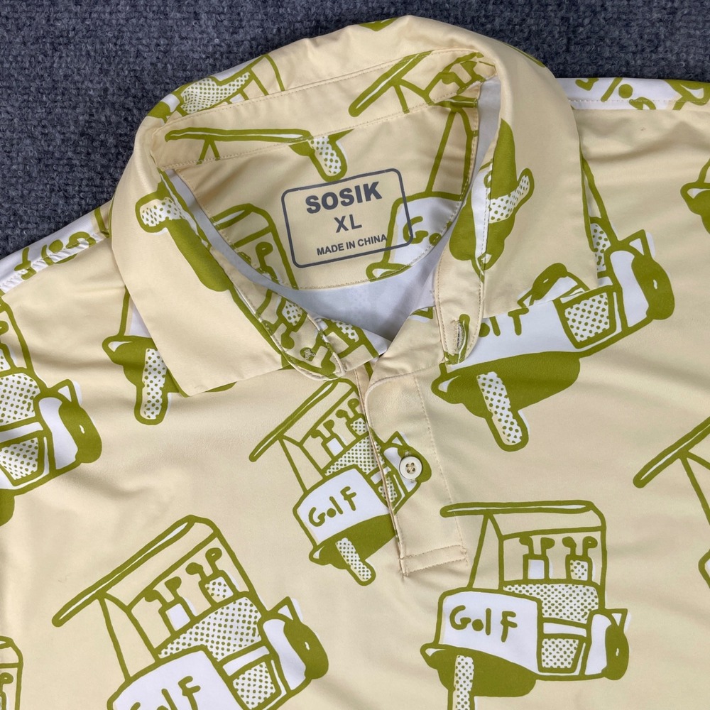 SOSIK Golf‎ Polo Shirt XL Yellow Golf Cart Print Short Sleeve Stretch Men's